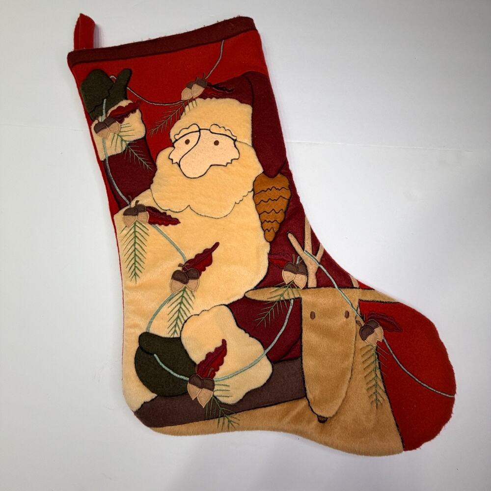Oversized 24" Plush Embroidered Christmas Stocking Santa Reindeer Pinecone Red